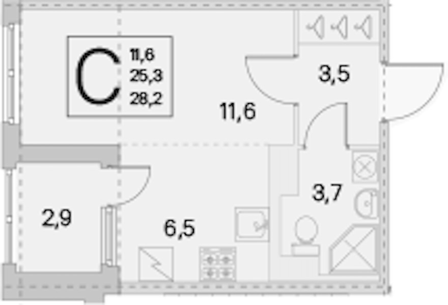 Квартира студия 25.3 м², 4/5 эт., ЖК «ЮгТаун. Олимпийские кварталы»